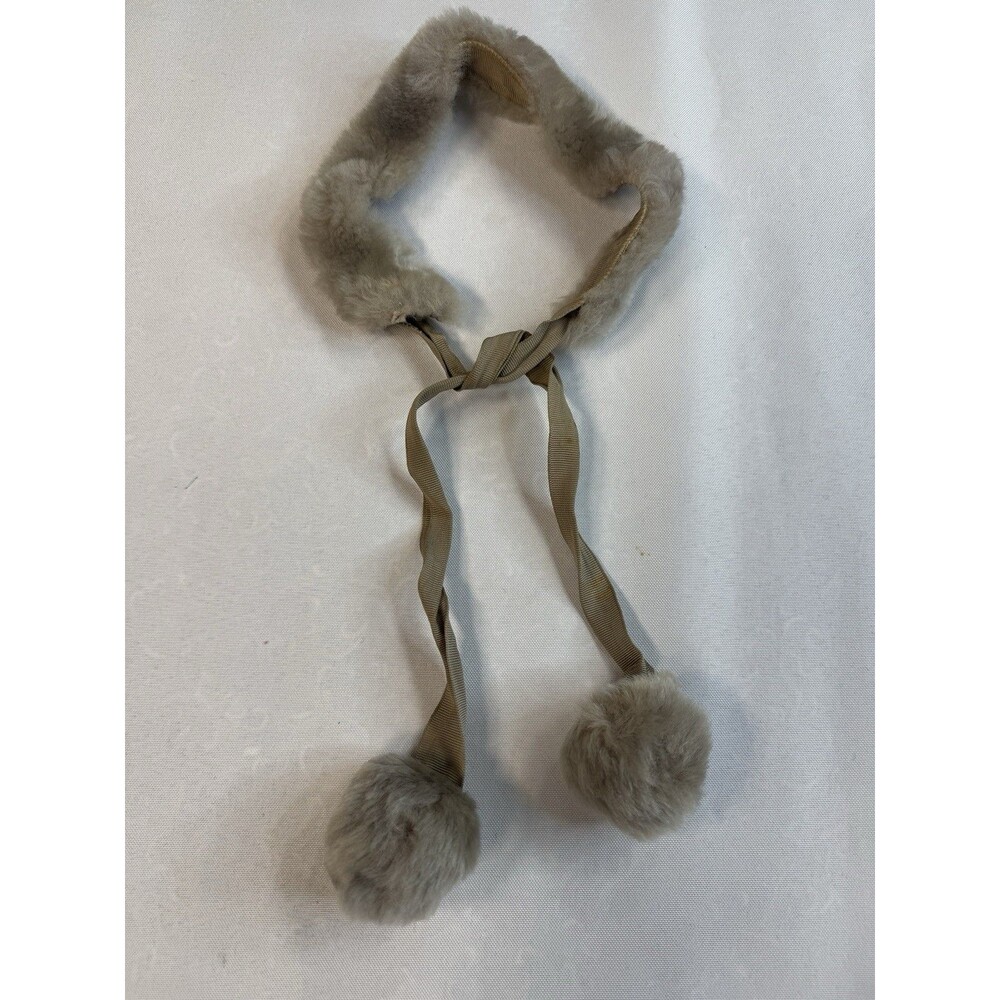 Vintage Taupe Gray Faux Fur Collar Tie Front Necklet Choker Pom Poms Headband